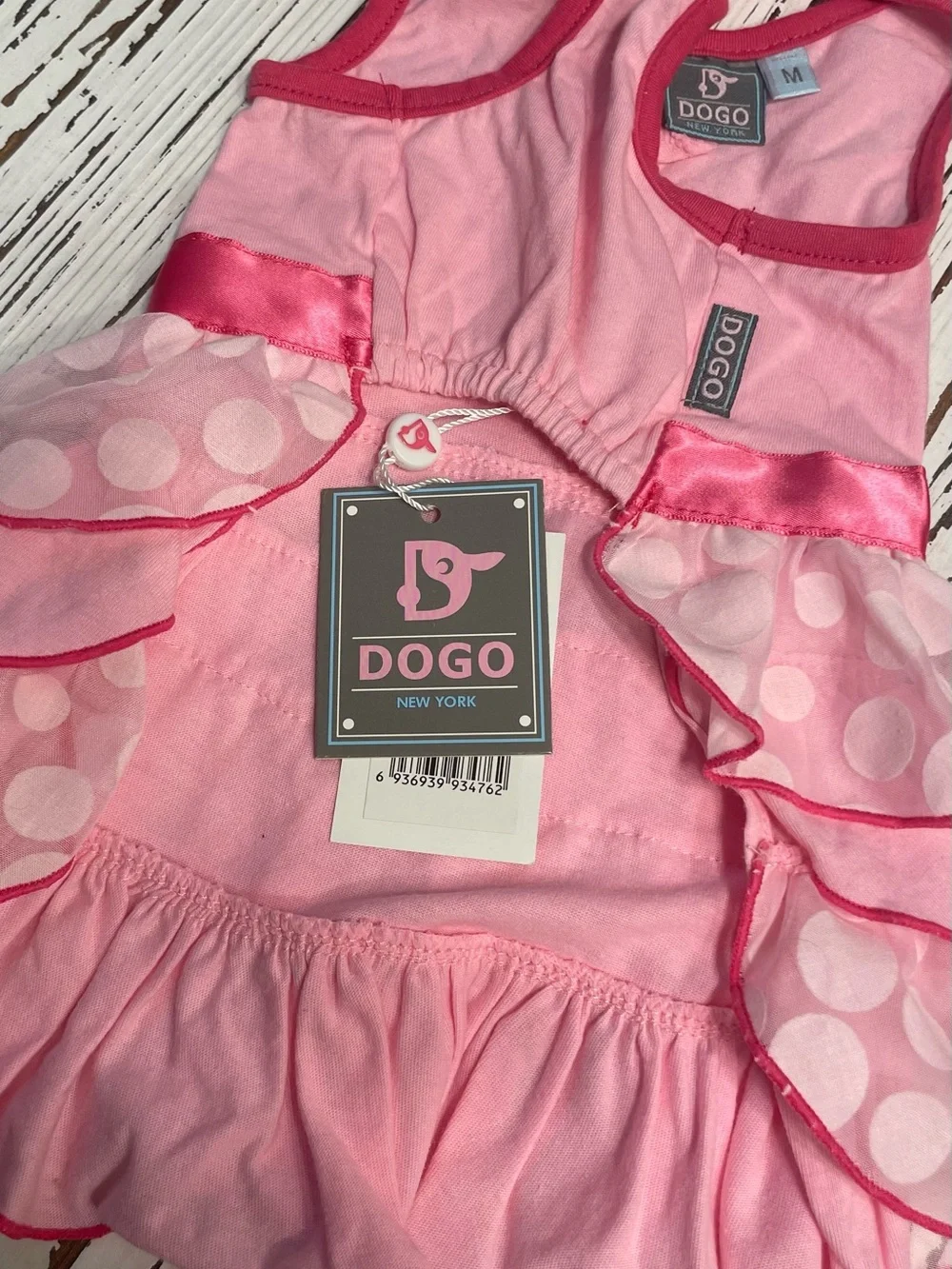 Pink Polka Dot Ruffle Dog Dress with Hot Pink with Flower Waistband Medium